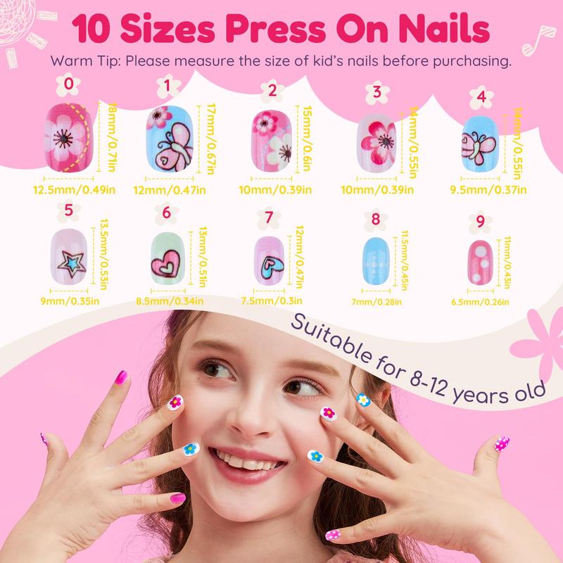 216pcs Press on Nails for Girls, 9 Colors 10 Sizes Press On Nails for Kids Fake Nails Little Girl Nails, Short Acrylic Nails with Nail Adhesive Tabs, Nail File Buffer