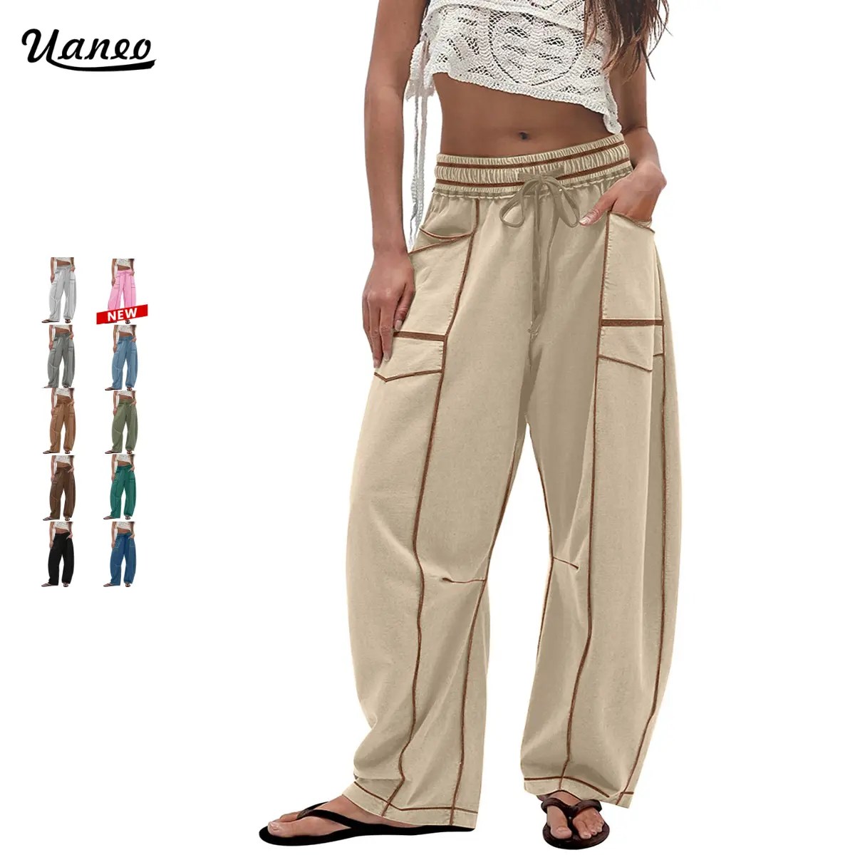 UANEO Women's Baggy Barrel Pants Wide Leg Lounge Drawstring Sweatpants with Pockets Minimalist Bottoms Casual Style Comfortable Breathable Material TikTokShopBlackFriday Womenswear Khaki