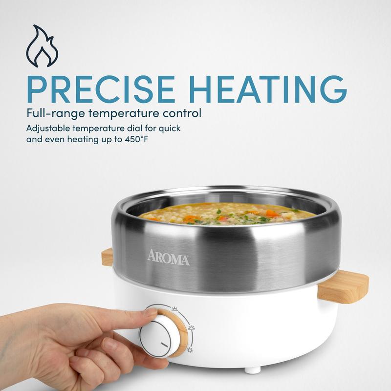 AROMA Whatever Pot Aroma Stainless Steel 2 in 1 Hot Pot with Glass Lid White 2.5 L AMC-130 Electric Hot Pot with Adjustable Temperature Control for One-Pot Meals