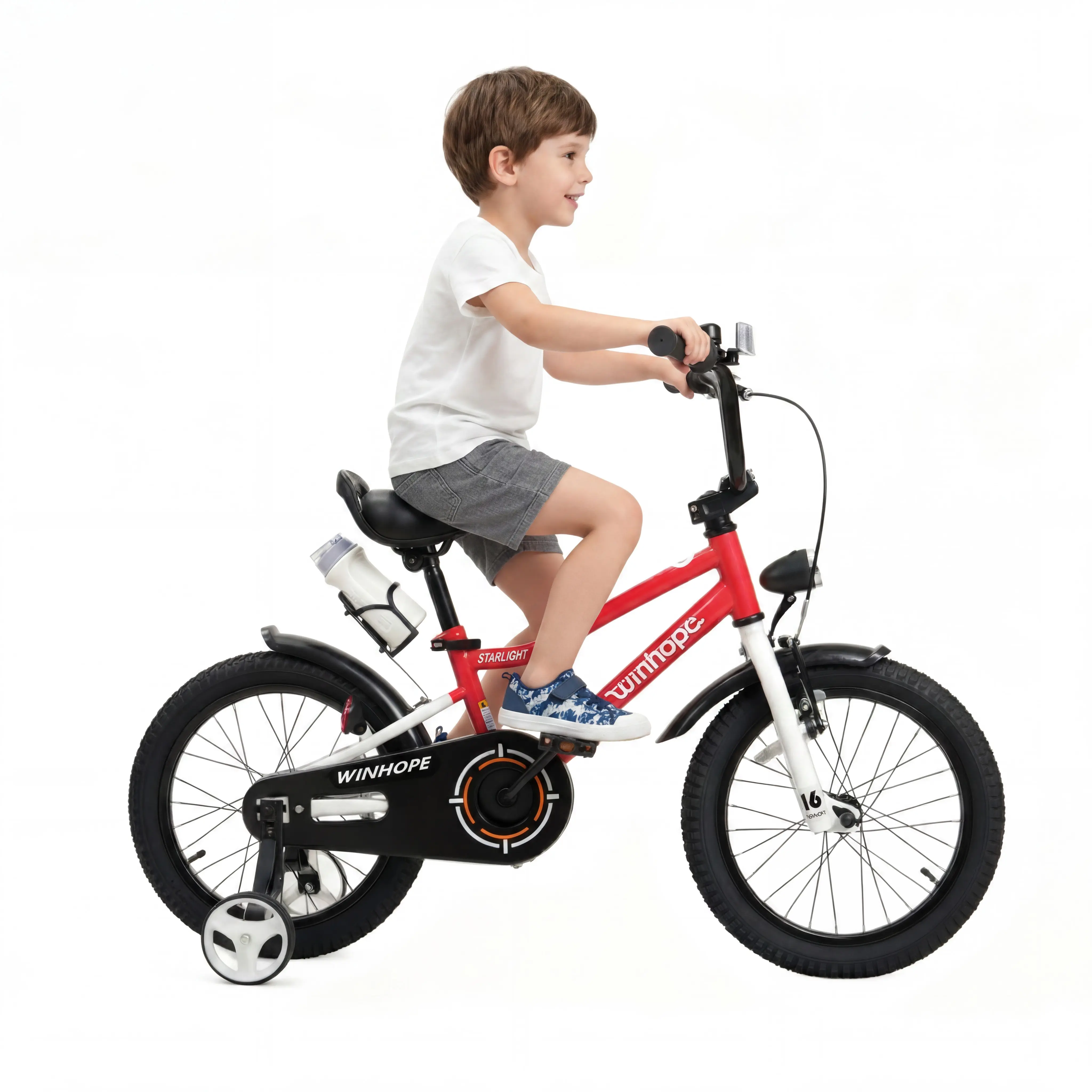 WINHOPE Starlight children’s bicycle, suitable for ages 2–9 years, 12–20 inches, equipped with a balance wheel, front light, mudguards, water bottle holder, bell, dual brakes, adjustable seat and handlebars, 95% preassembled, free of BPA and latex, suppor