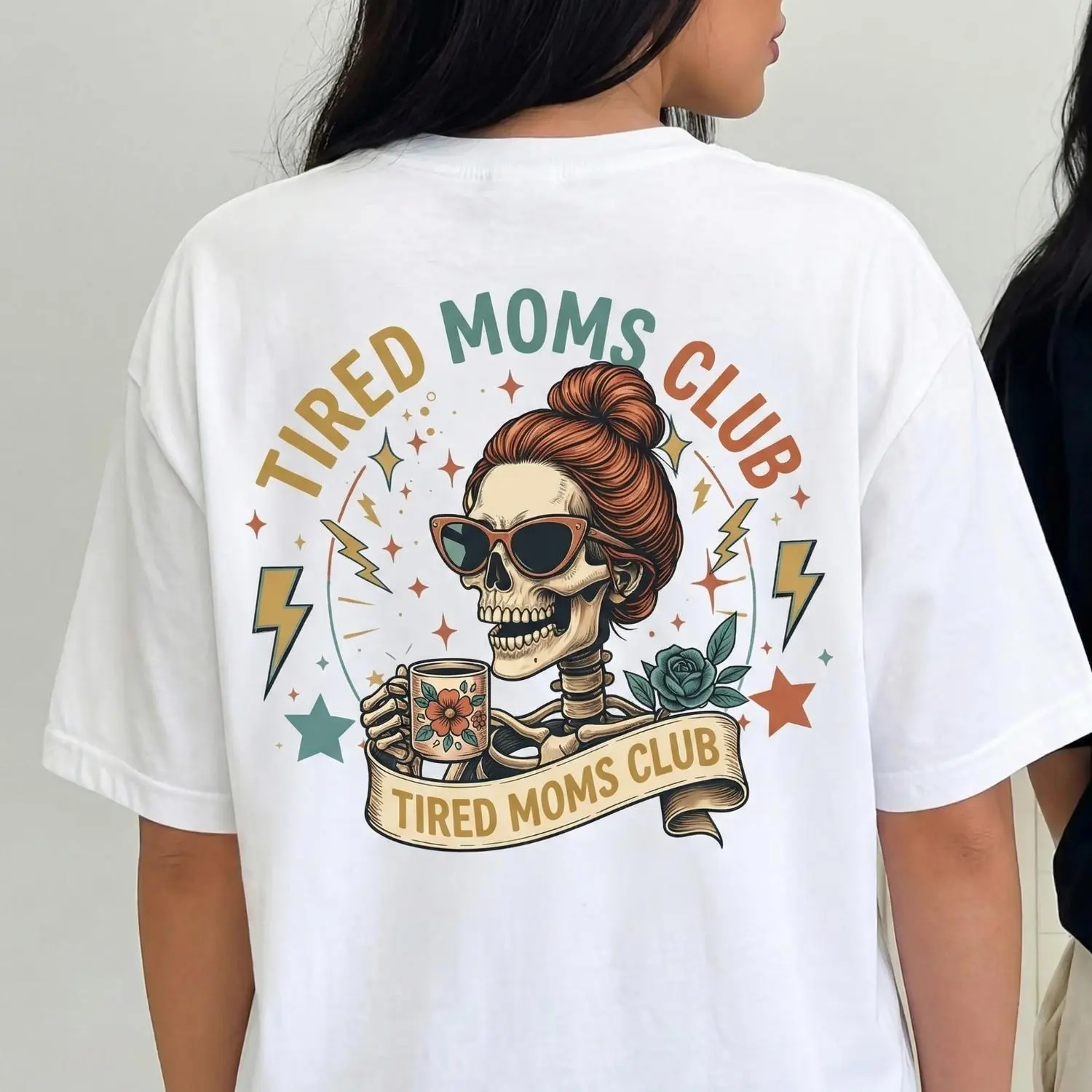 Crew Neck Top for Moms, Casual Graphic Print with Funny Overstimulated Moms Club Skeleton Design, Cotton Blend for Everyday Wear, Tops, Women's Clothes, Funny Gift For Mother's Day