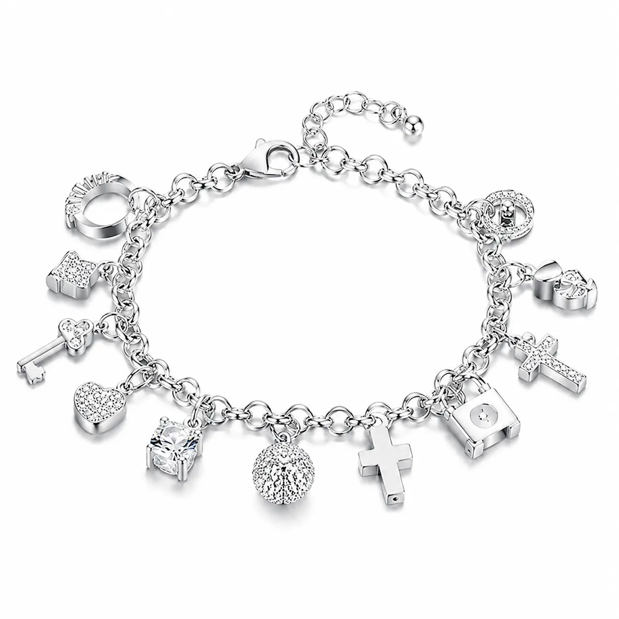 Women's 925 Sterling Silver Heart Key Charm Bracelet - 1pc, 13 Small Pendants, Bohemian Style, Shiny Exquisite Design, Assorted Bracelets & Bangles, Fashion Jewelry Accessory, Ideal Gift for Wife/Girlfriend, Exquisite Finish