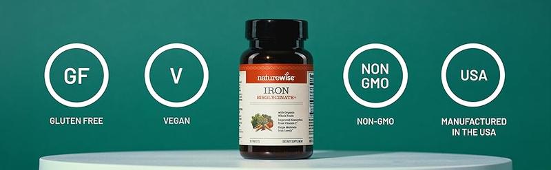 NatureWise Vegan Iron Supplement for Women & Men - Gentle on Stomach High Absorption - Coated Iron Bisglycinate Tablets + Vitamin C, Methyl B12, Folate & Organic Food Blend - Non-GMO - USA Manufactured