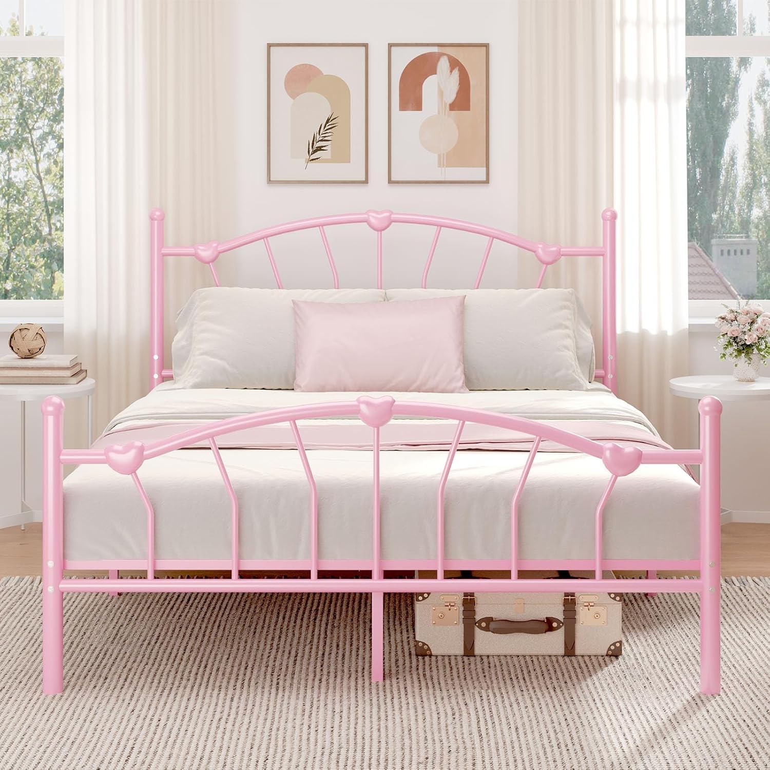 HOMBCK Bed Frame, Girls Bed Frame, Bed Frame with Heart-Shaped Decorative Headboard and Footboard, Heavy Duty Metal Slat Support, No Box Spring Needed, Easy Assembly