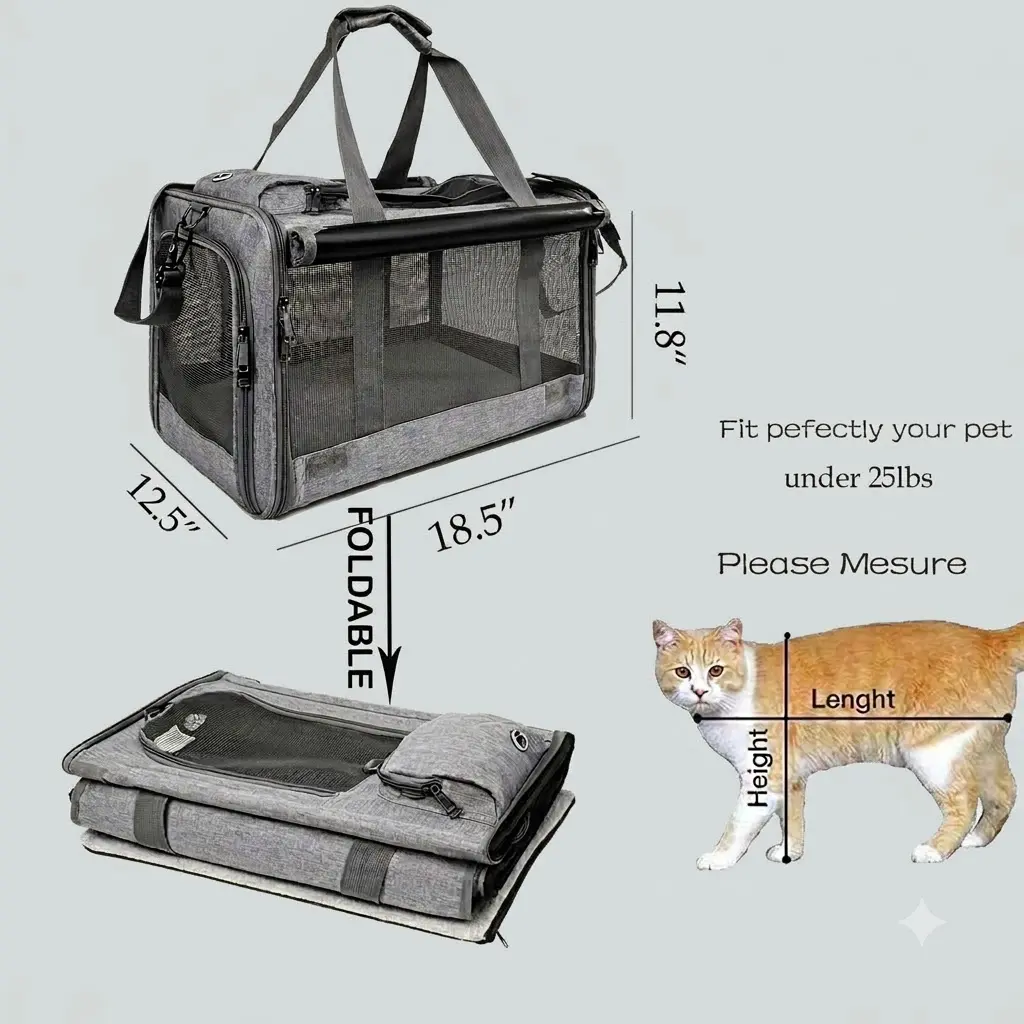 Large Cat Carrier 25 lbs Soft Sided Gray Pet Carrier with Bowl 2 Side Roller Blinds Breathable Airline Approved Carrier