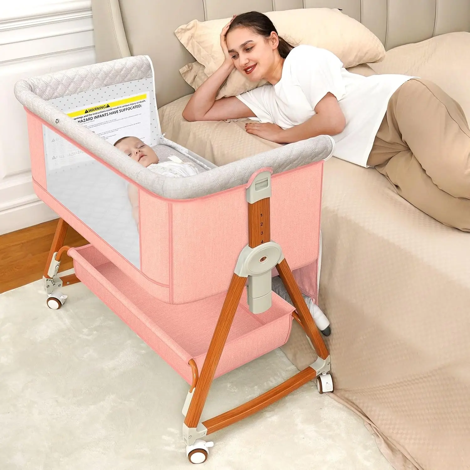 Baby Bassinet Bedside Sleeper with Cradle Mode, 6 Adjustable Heights, Rotating Wheels & Foldable Design. Portable Crib with Cozy Mattress and Large Storage for Mom and Baby
