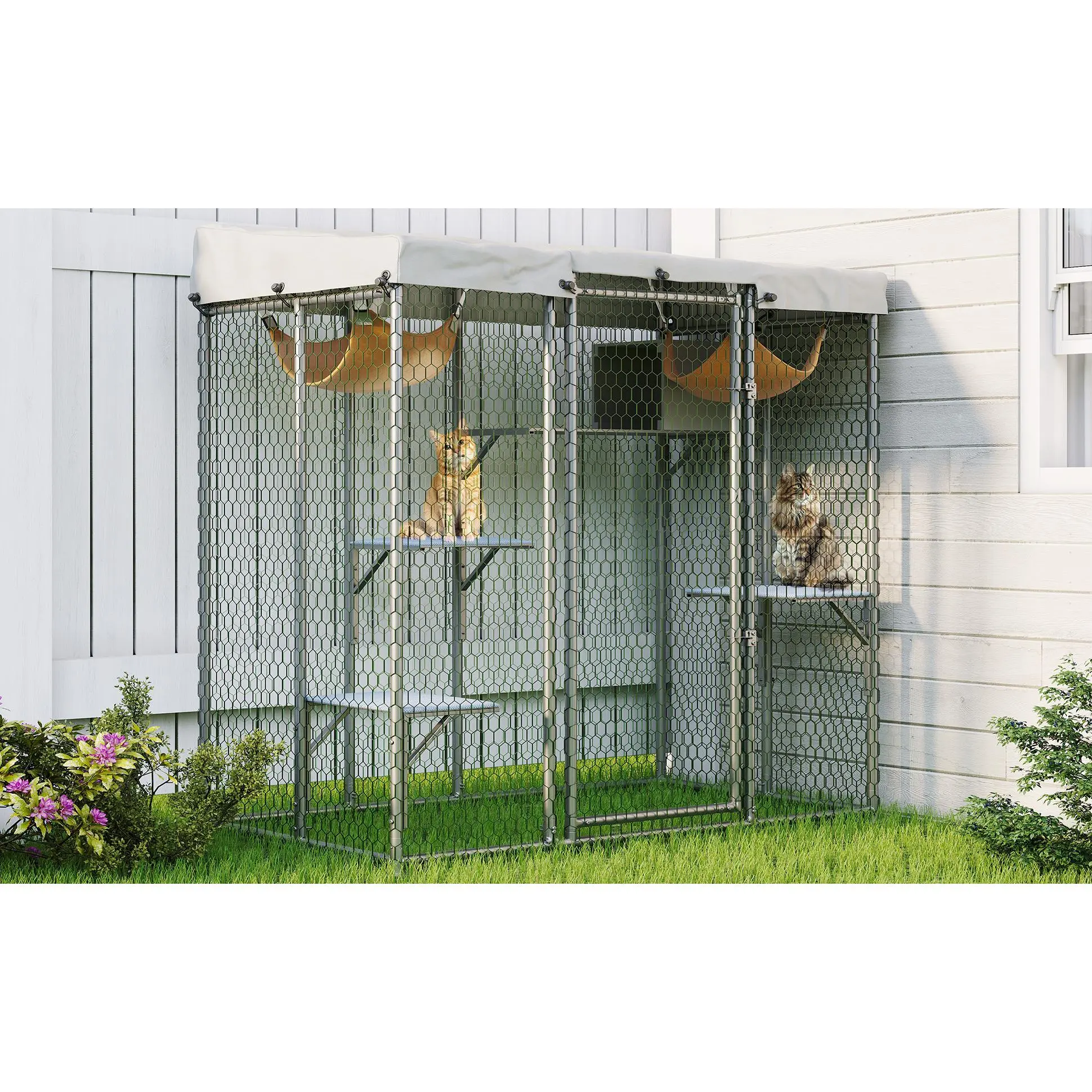 Spacious Weatherproof Outdoor Cat House Ideal for Patios, Yards, and Catios, Spacious Weatherproof Outdoor Cat House – Walk-In Multi-Cat Enclosure with Canopy, Resting Box & Window Access –