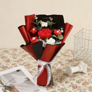 Handmade crocheted bouquet (1 bunch), artificial knitted yarn flowers, pink wrapping paper, home decor, party decoration, artificial roses - suitable for birthdays, Easter, St. Patrick's Day, and Women's Day gifts.