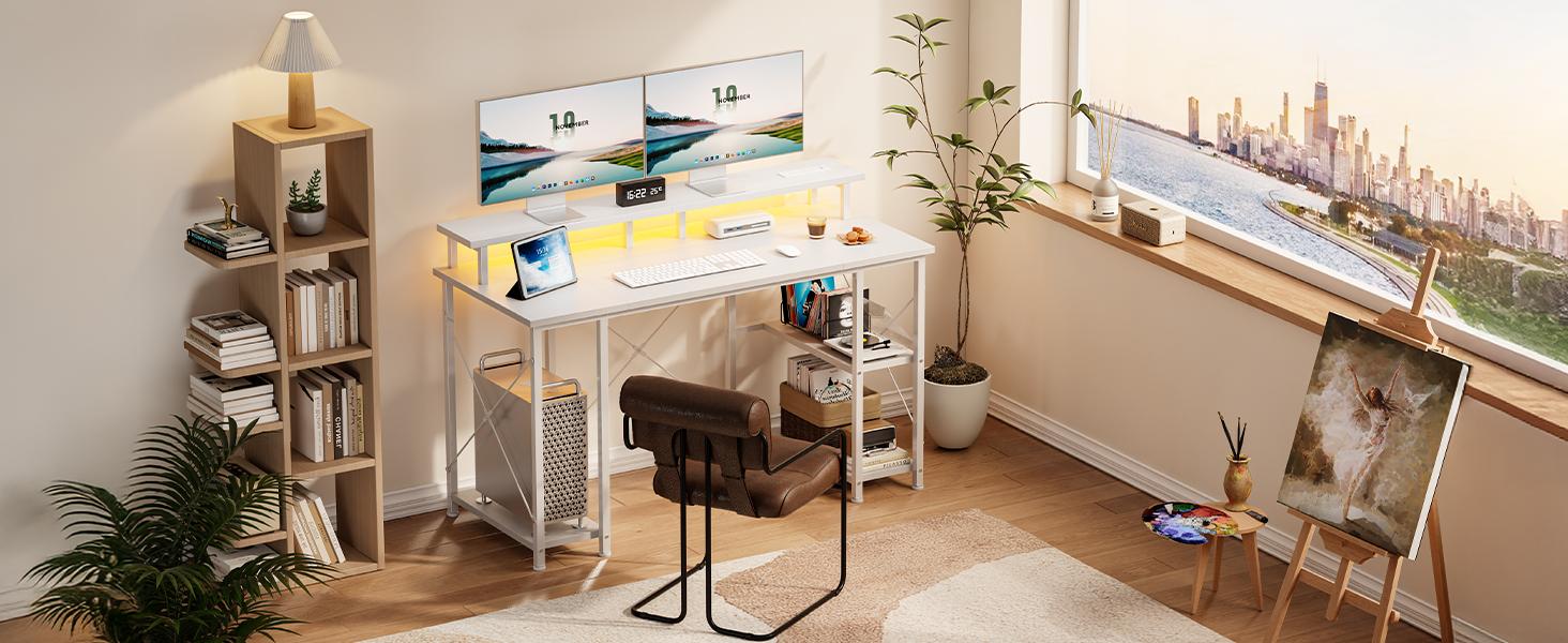 48 inch Gaming Desk with LED Lights & Power Outlets, Computer Desk with Monitor Stand & Storage Shelves, CPU Stand, Home Office Desk 48 inch Gaming Desk with LED Lights & Power Outlets, Computer Desk with Monitor Stand & Storage Shelves, CPU Stand, Home Office Desk