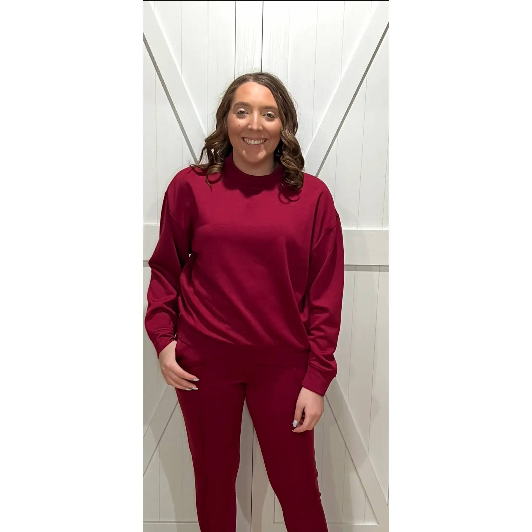 Maroon Love Scuba Mock Neck Pullover Set