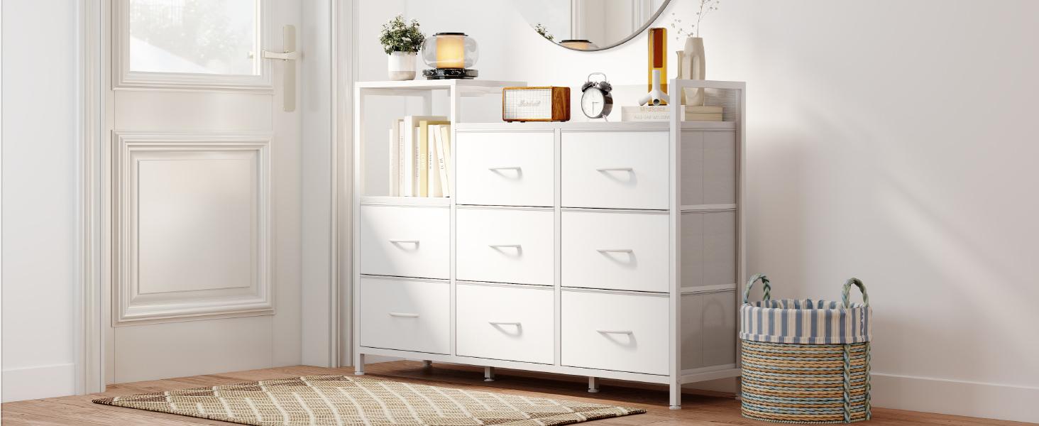 Wooden Top TV Media Console Table with 8 Fabric Drawers 1 Shelves TV Stand for Up to 45 inch TV Entertainment Center with Charging Station for Living Room Hallway