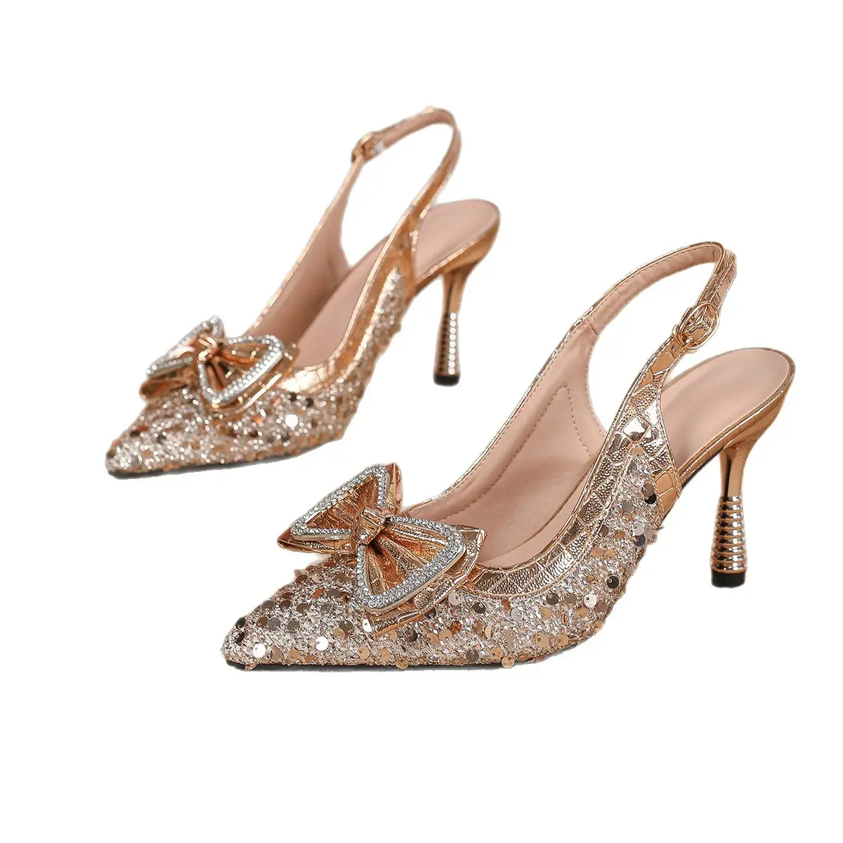 Women's Champagne Gold Sequin Slingback Stiletto Heels - Pointed Toe Pumps with Decorative Bow for Party, Wedding - Footwear