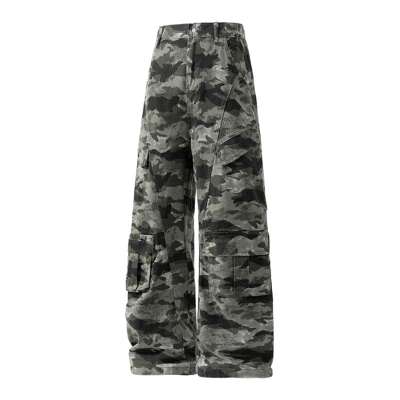 Men’s retro camouflage cargo pants, micro-flare camouflage denim jeans, new casual cargo-style pants, unisex high-street fashion loose straight-leg drop-crotch wide-pocket casual trousers, comfortable breathable fabric, suitable for everyday wear and outd