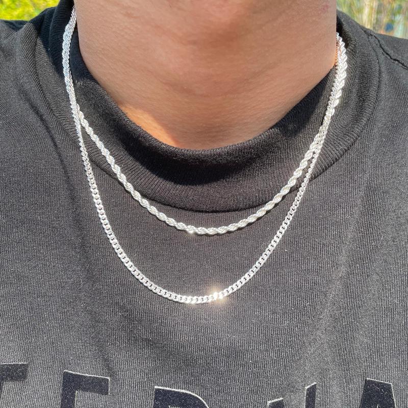 Valentines Day Gifts Tewiky Trendy 2Pcs 3mm Chain Necklace for Men Silver Layered Cuban Link Rope Necklaces Set Simple Jewelry Gift 18-28 Inches Present Jewelry