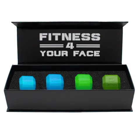 Jawzrsize Athletic Bundle Jaw Enhancer - Jaw, Face, and Neck Exerciser, Helps Reduce Stress and Cravings - Facial Exercise (Pop N Go & Custom Fit (Beg., Adv., & Elite), Green & Blue)