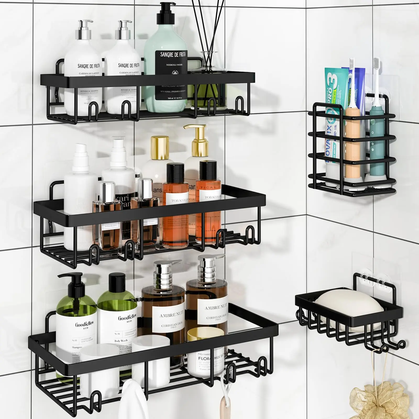 Black 5-Piece Heavy-Duty No-Drill Adhesive Shower Caddy Set - Rustproof Wall Shelves with Toothbrush Soap Holder, Cute Bathroom Set, Storage Organization, Bathroom Organizing Accessories, Home Accessory, Apartment Stuff for Dorm Needs summervibes campinge