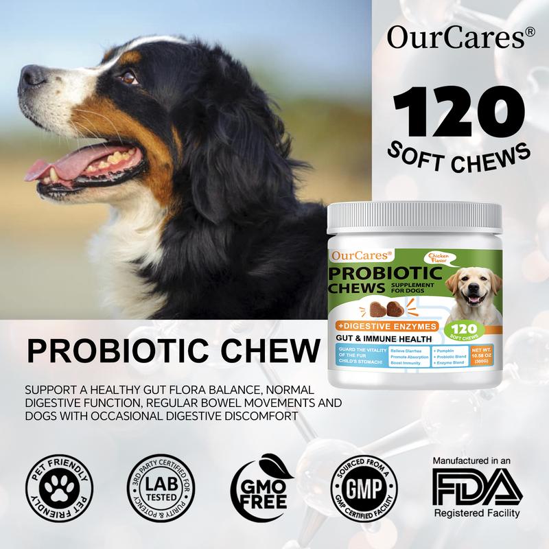 OurCares Probiotics for Dogs Support Gut Health Occasional Diarrhea Digestive Health & Seasonal Allergies Dog Probiotics Soft Chew for Pet Immune System Chicken 120 Soft Chews Pet Daily Chews Snacks