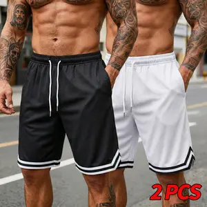 Men’s 3-Pack Summer Sports Shorts – Black/White Mesh, Breathable Quick-Dry Basketball Training Shorts, Loose Fit Drawstring, Knee-Length Casual Running Fitness Shorts