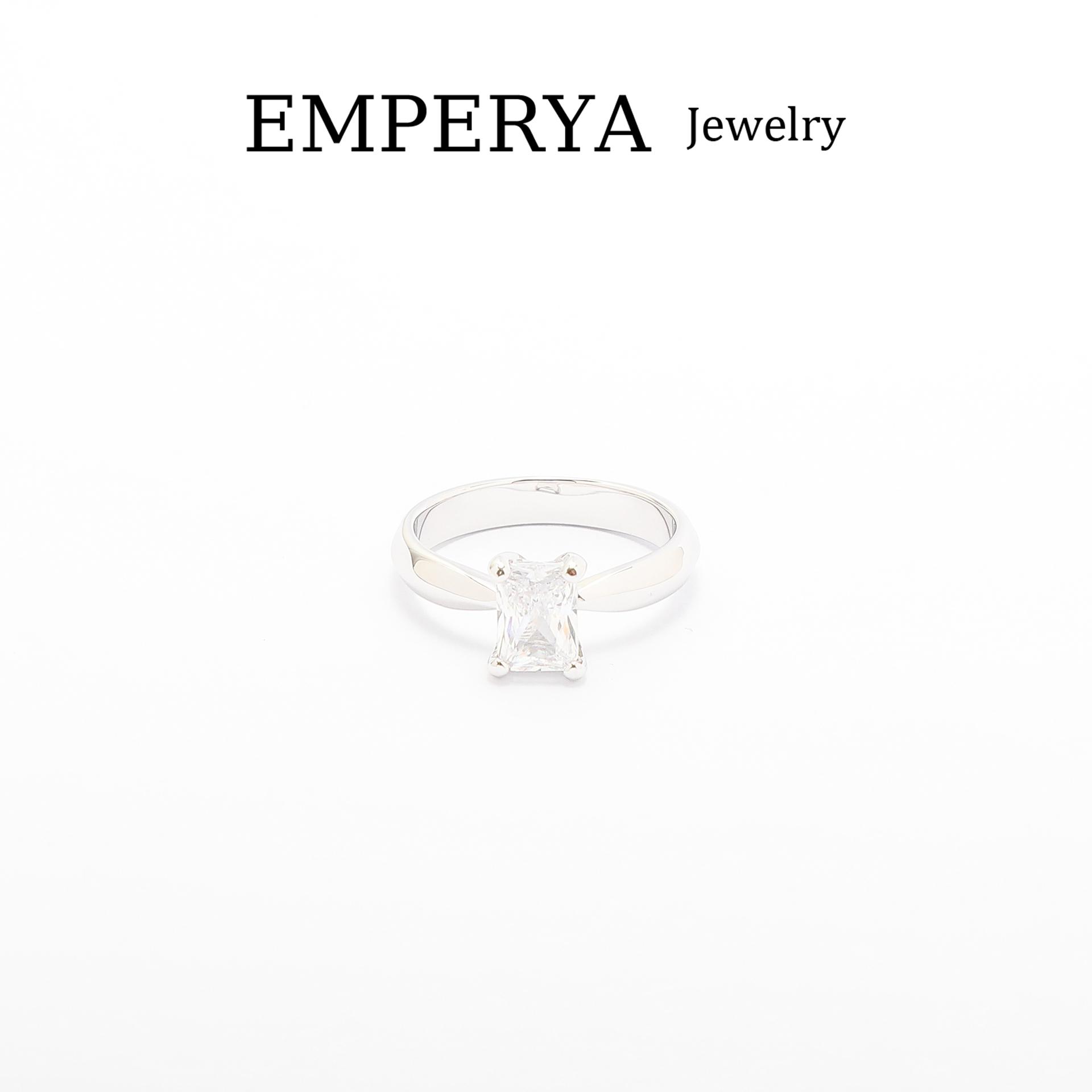 EMPERYA Silver Tone Minimalist Rectangle Cut Solitaire Ring | Classic Clear Stone Engagement Band | Sleek Polished Wide Shank Statement Ring | Timeless Jewelry for Women