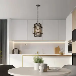 Modern Farmhouse Lantern Pendant Light, Black Metal Cage Chandelier with Open Weave Design, Adjustable Height Hanging Ceiling Light for Kitchen Island, Dining Room, Entryway