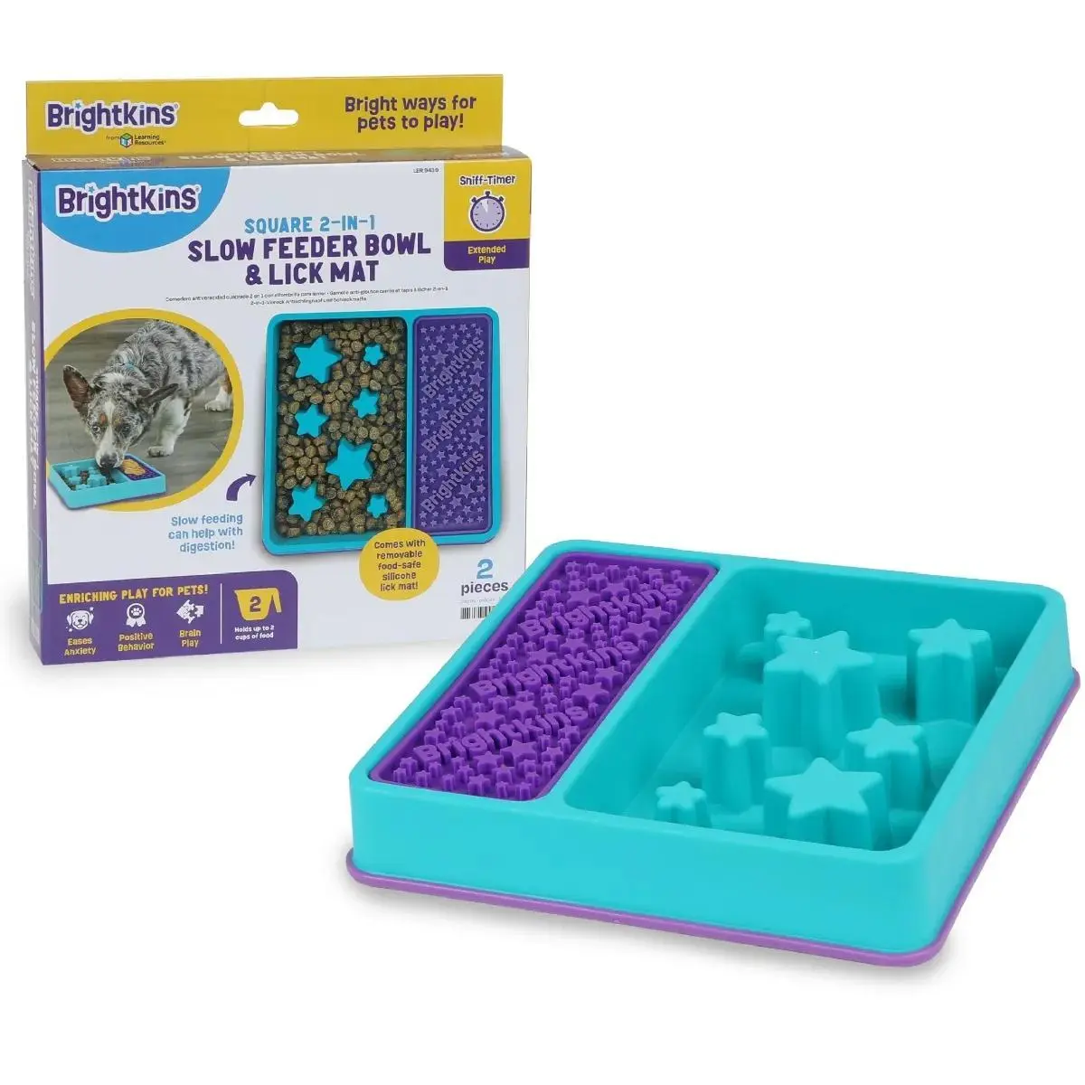 Brightkins Square 2-in-1 Slow Feeder Bowl & Lick Mat – Interactive Outdoor Puzzle Toys for Dogs, Perfect for Teething, Chewing, and Healthy Mealtime Fun