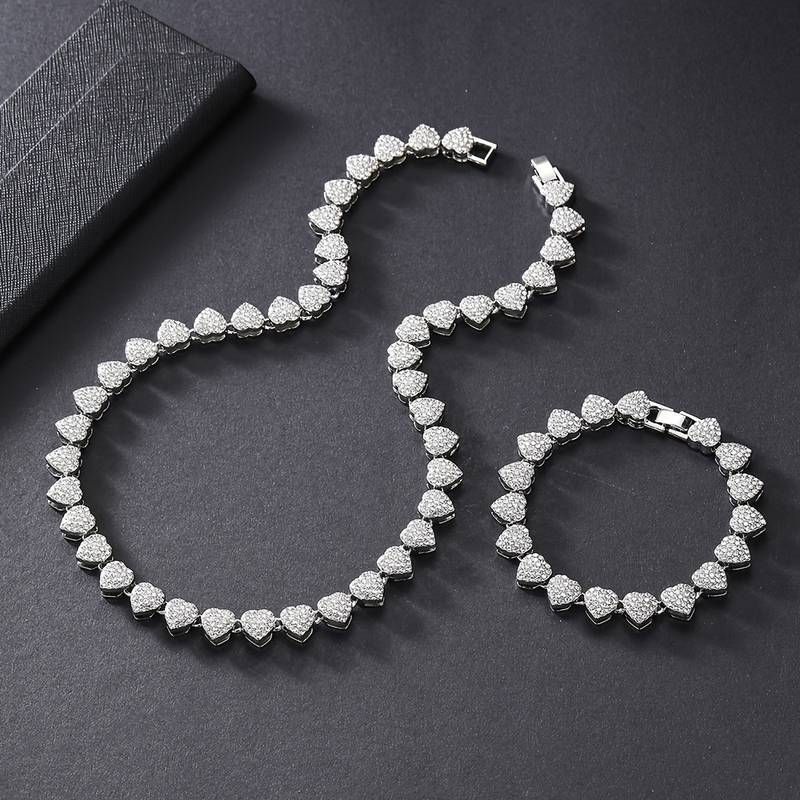 2pcs Set Heart Shaped Cuban Chain Necklace Set for &,Hip Hop Style Choker Set,Luxurious Jewelry Set for Valentine's Day Gifts, Birthday,Everyday & Party Wear, for Teenager