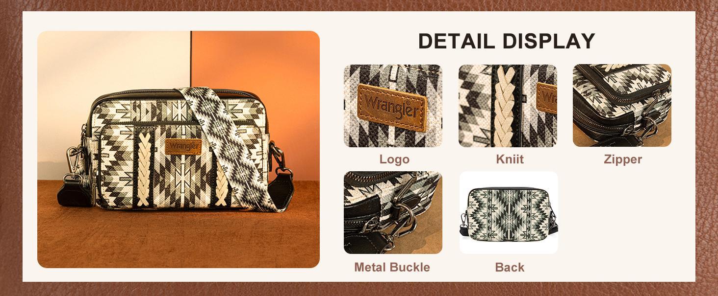 Wrangler Crossbody Bag for Women Boho Aztec Small Multi Pocket Crossover Purse