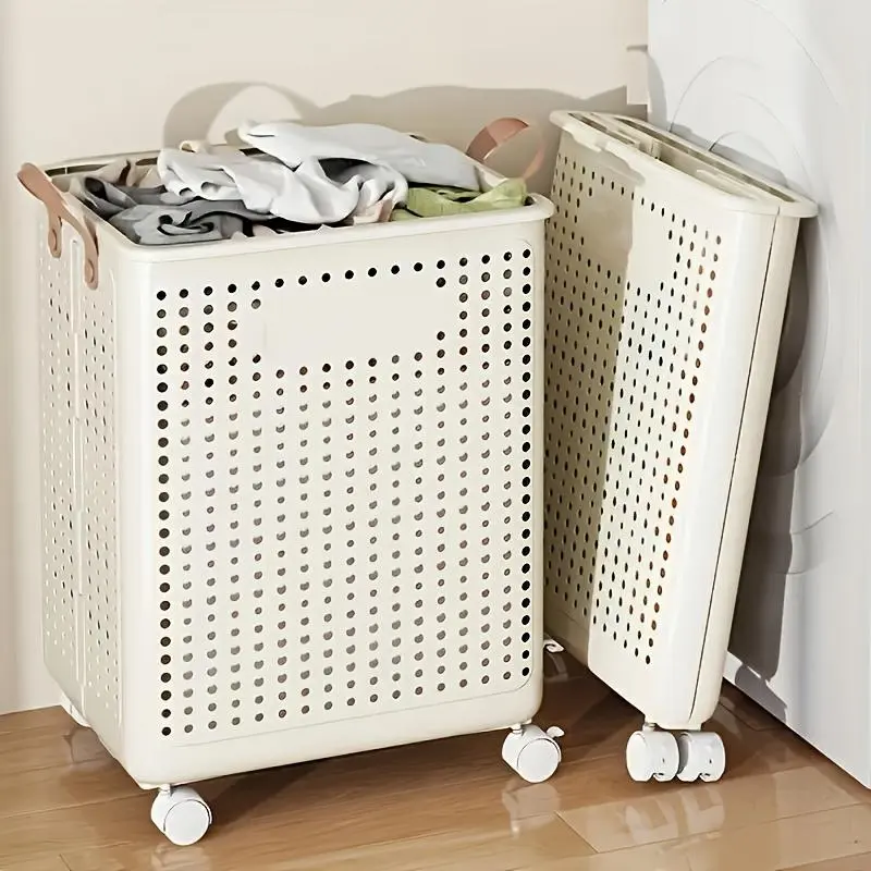 Modern Rectangular Oxford Cloth Foldable Portable Laundry Basket with Wheels - Floor-Rolling Multifunctional Home Laundry Tool for Bathroom