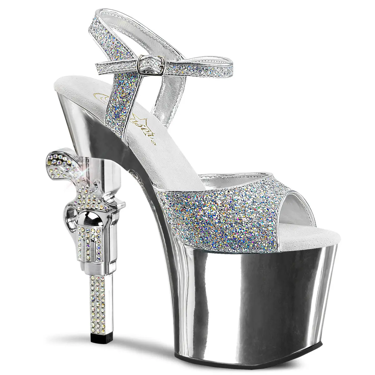 Pleaser Women's Sandals, Revolver-709G Statement Platform Shoes with a 7-Inch Rhinestone Gun Heel and Ankle Strap, Footwear