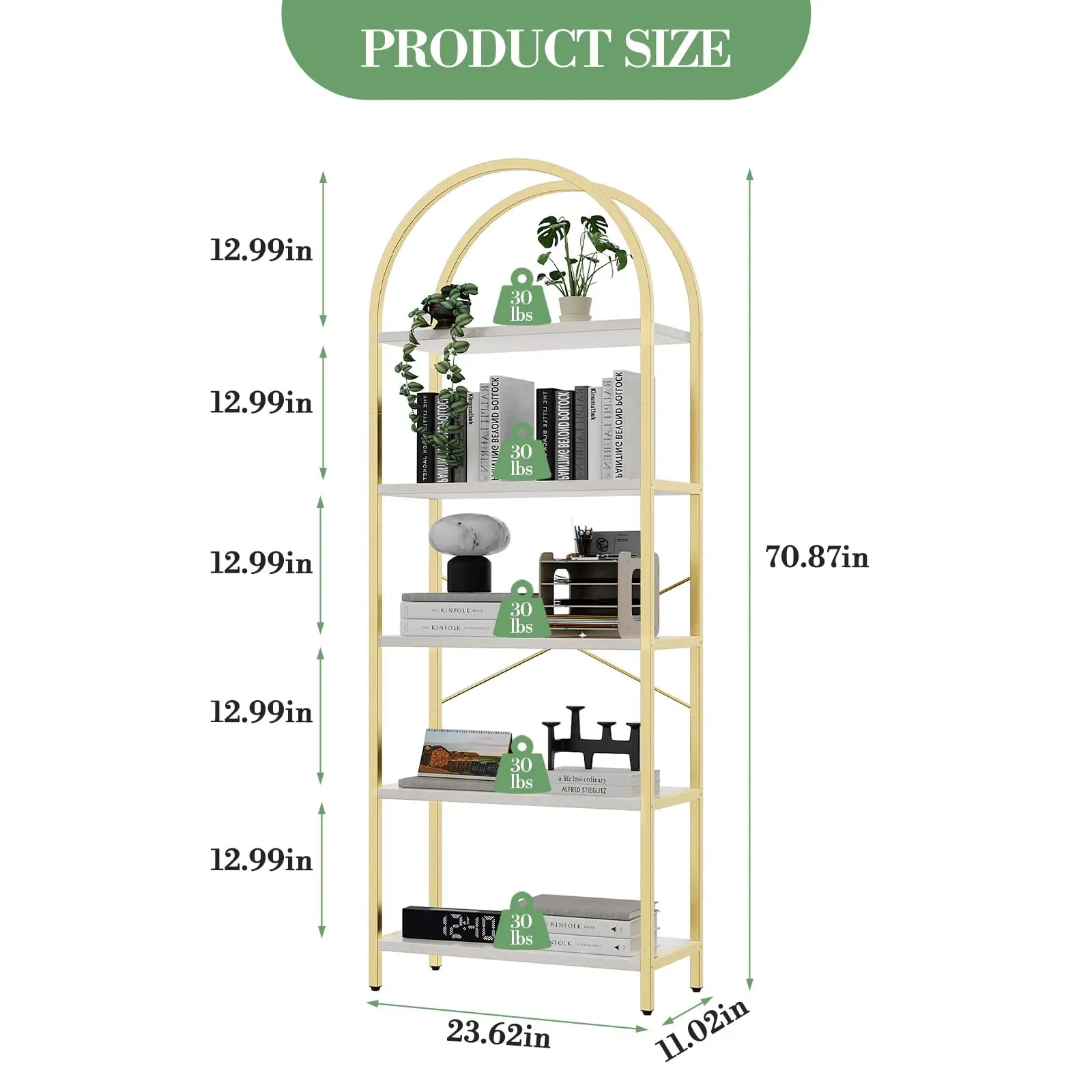 Garvee Modern 5-Tier Tall Arched Bookshelf with Metal Frame, Gold Finish, Ideal for Bedroom, Living Room, and Home Office Storage and Display