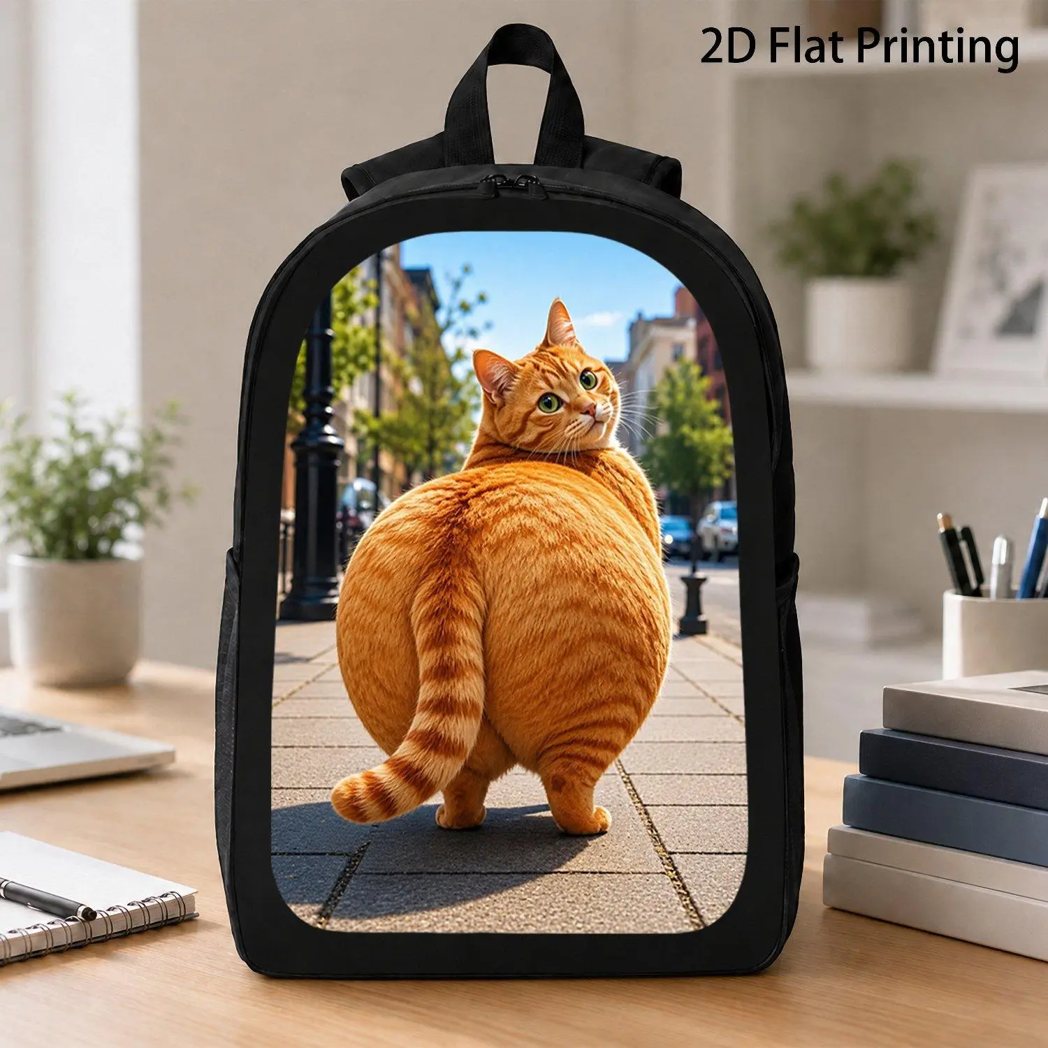 [17 Inch Backpack] 1pc Cute Chubby Orange Tabby Cat Looking Back Art Print Backpack Trendy Animal Graphic Laptop Backpack Casual Daily Travel Backpack For Animal Lovers Back To School Supplies
