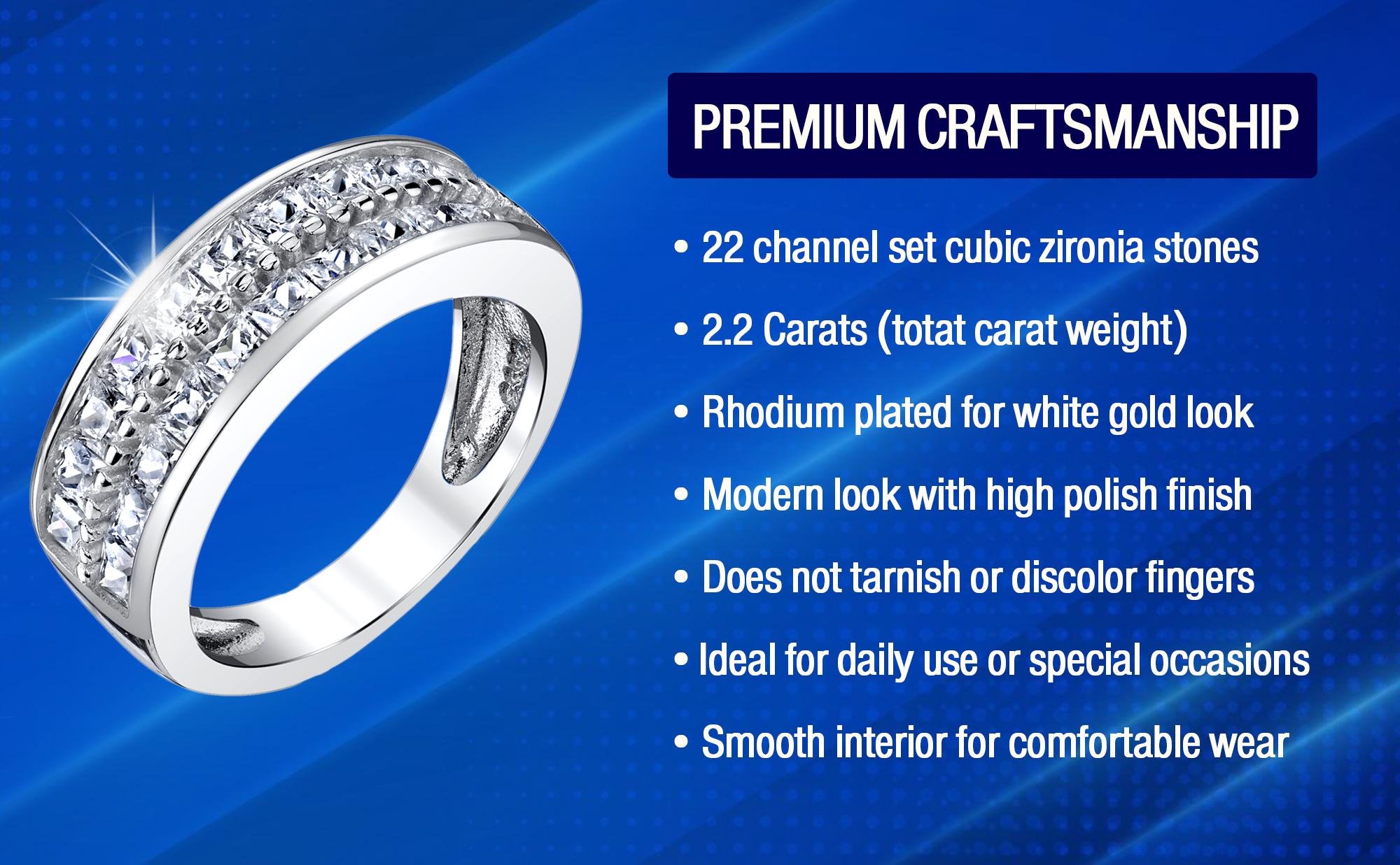 Double Row Princess Cut Men's Sterling Silver Wedding Band Engagement Ring with Cubic Zirconia 7.5mm Sizes 7 to 13