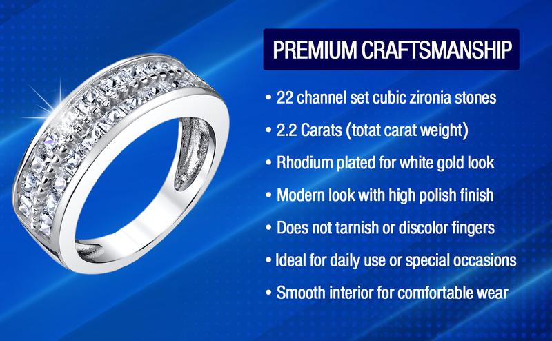 Double Row Princess Cut Men's Sterling Silver Wedding Band Engagement Ring with Cubic Zirconia 7.5mm Sizes 7 to 13