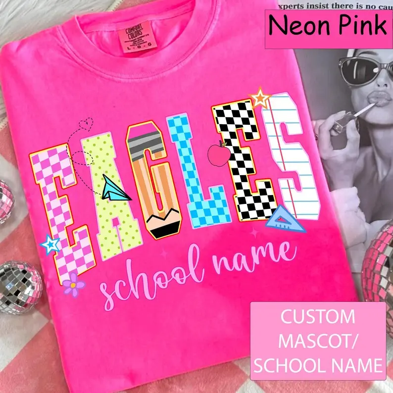 [PLS NOTE Custom School] Mascot Comfort Colors Shirt, Personalized School Name Tee, Custom Eagles School Spirit Tee, Teacher Student Matching Shirt