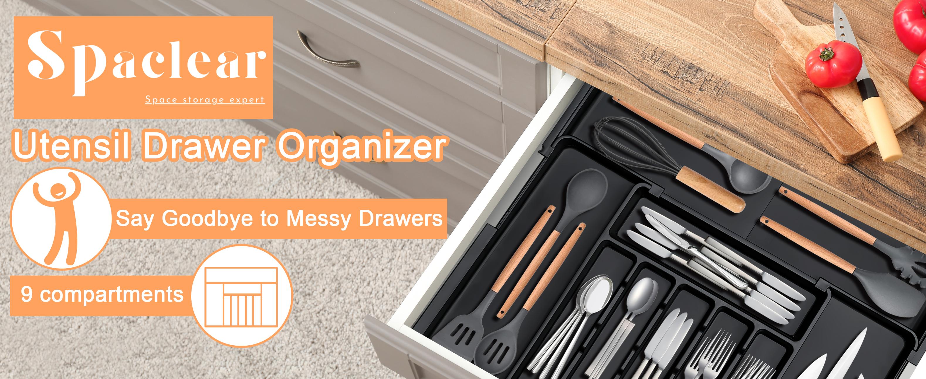 【SUHOPE】【Holiday Deal】Silverware Organizer Expandable Kitchen Utensil Drawer Organizer with 9 Compartment Large Cutlery Organizer Tray for Forks Knives 13" - 22"W ,14.5" - 19"L