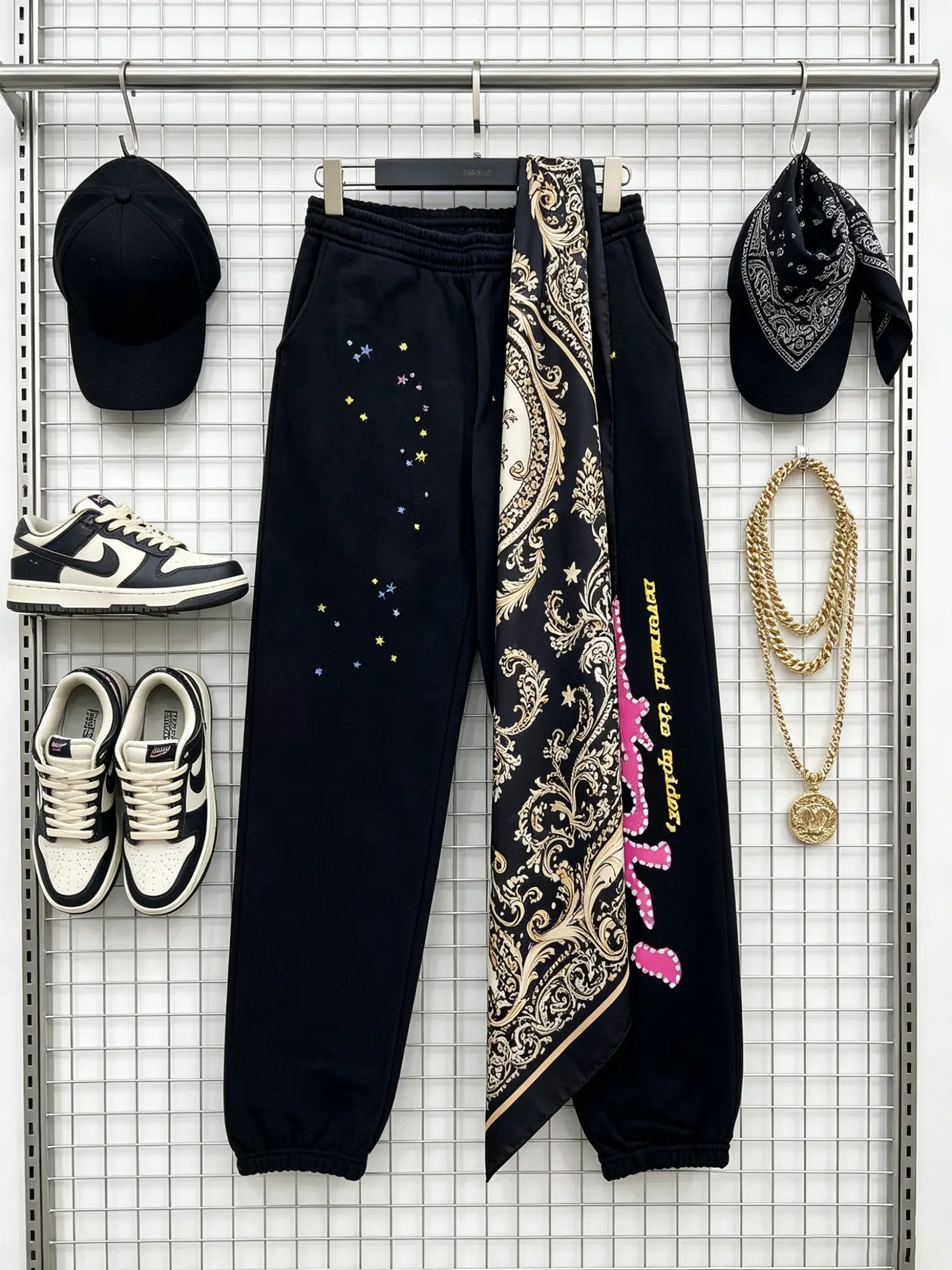 Hip Hop Graffiti "OK" Print Sweatpants, Men's Loose Fit Streetwear Joggers, Colorful Star Splatter Detail, Contrast Letter Design, Elastic Drawstring Waist, Cuffed Ankles, Comfortable Cotton-Blend Casual Trousers for American Street Style Enthusiasts
