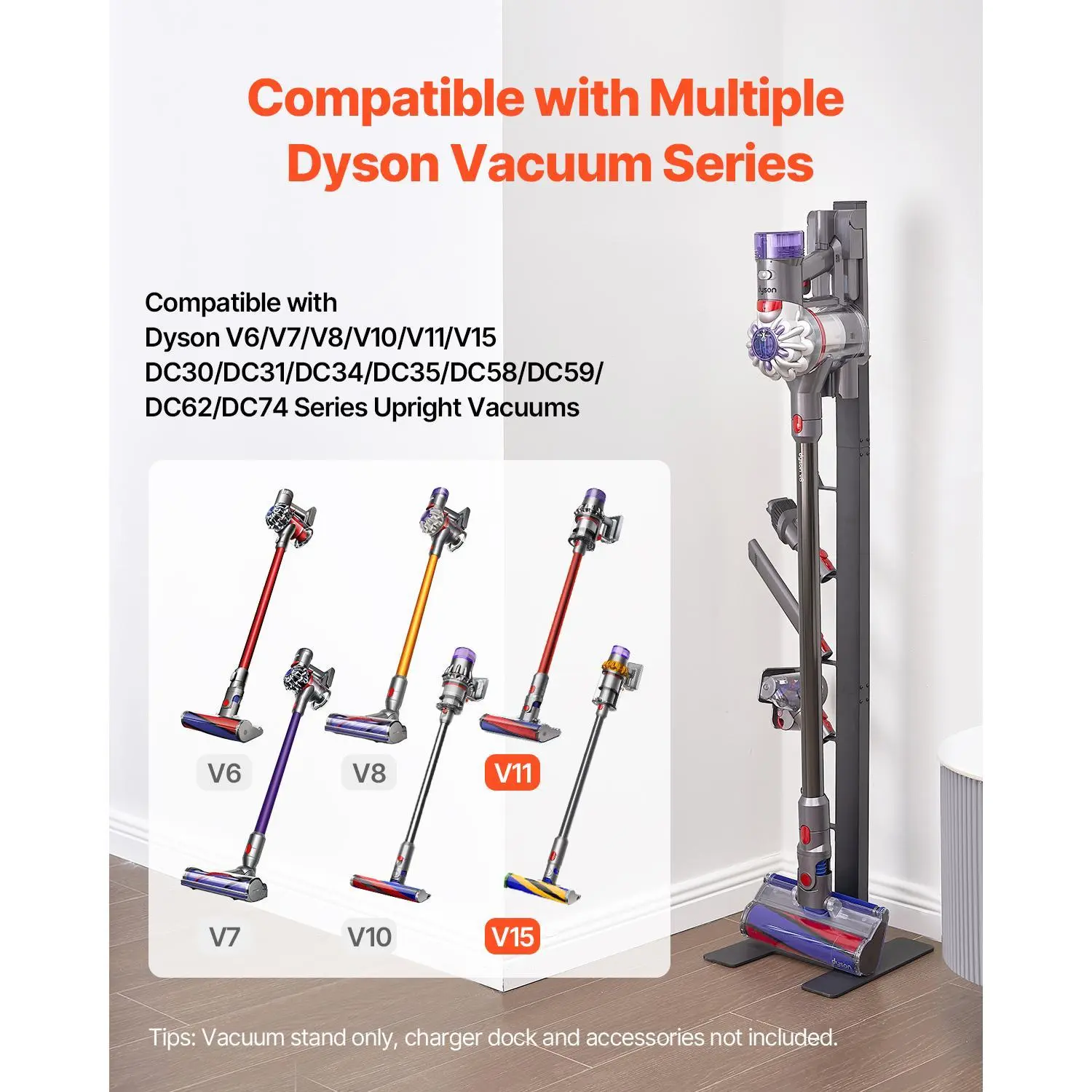 VEVOR Dyson Multi-Model Vacuum Stand, Stable Home Appliance Organiser with 6 Hooks for Minimalist Room Storage, Steel