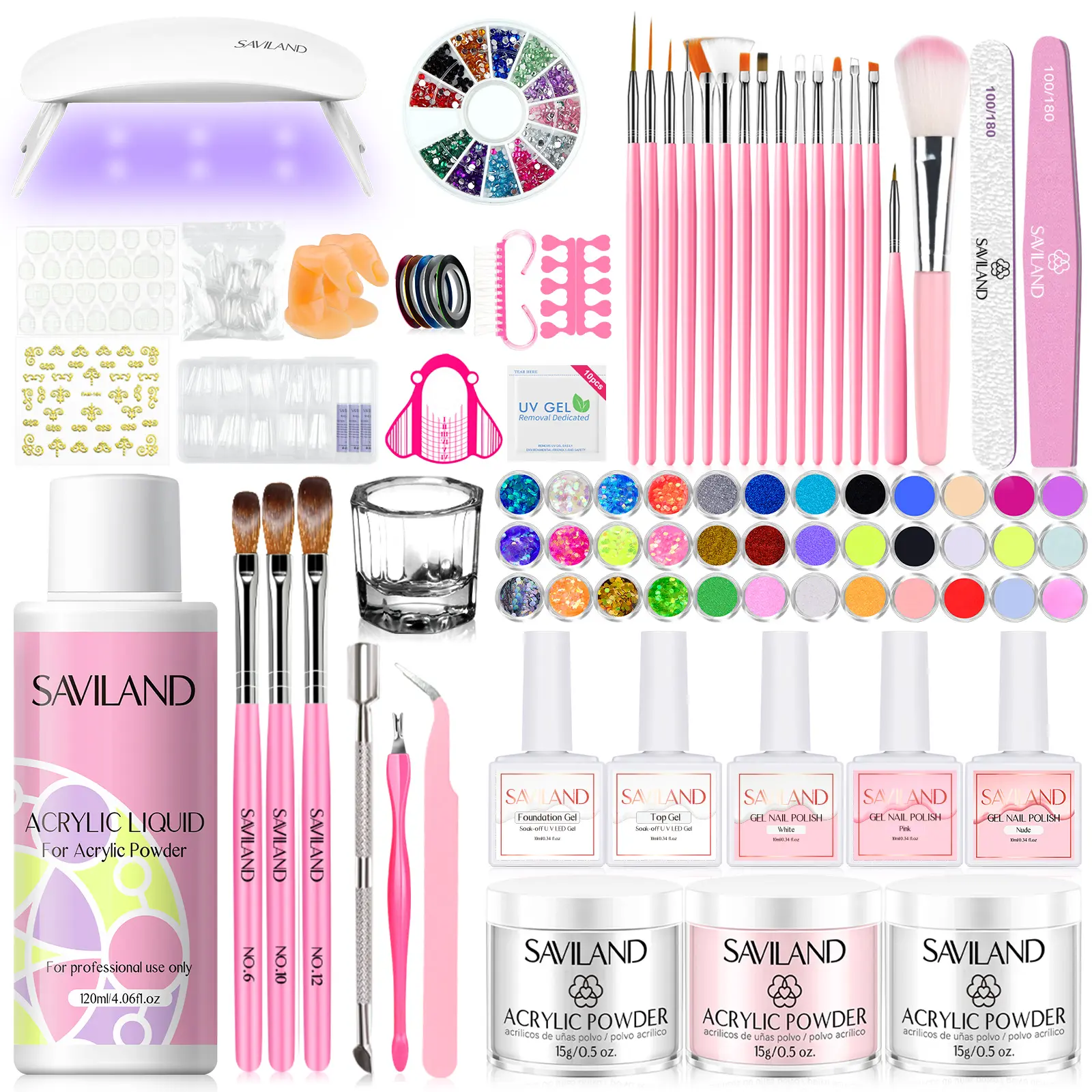 SAVILAND Acrylic Nail Kit for Beginners Complete Set Acrylic Powder Liquid Gel Polish UV Light Full Nail Supplies for Home Salon Use Christmas Gift