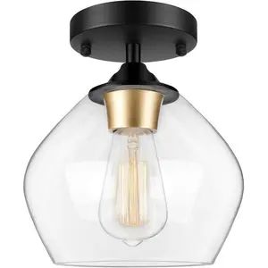 Modern Semi Flush Mount Ceiling Light with Clear Glass Shade, Industrial Close to Ceiling Light, Black Hanging Ceiling Light Fixture for Hallway, Bedroom, Dining Room, Entryway, Foyer