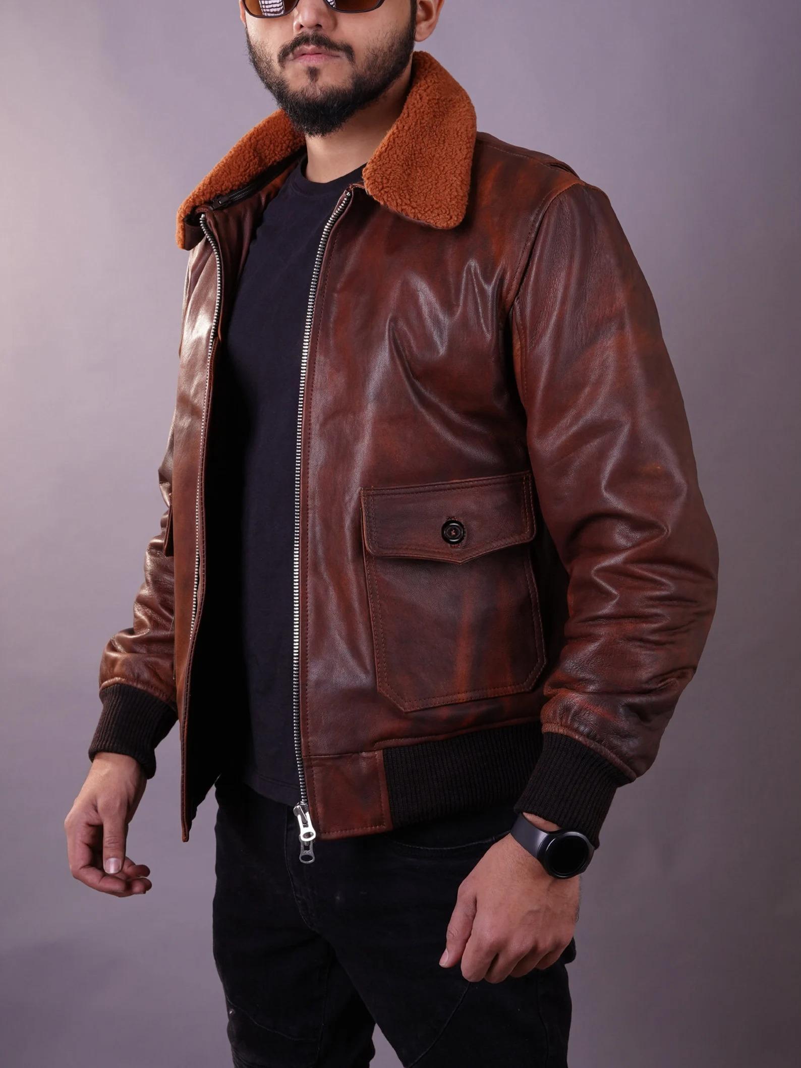 Fanzilla Jackets- Handmade Men's Aviator Flight A-2 American Forces G1 Brown Bomber Leather Jacket Fanzilla Jackets- Handmade Men's Aviator Flight A-2 American Forces G1 Brown Bomber Leather Jacket