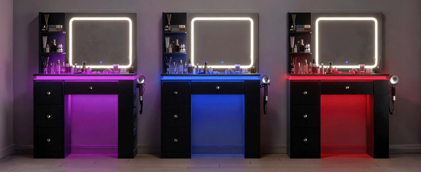 CollaredEagle Vanity Desk with Mirror and Lights Transparent Top 2 RGB Drawers Adjustable Brightness Power Outlet Large-Capacity Storage White