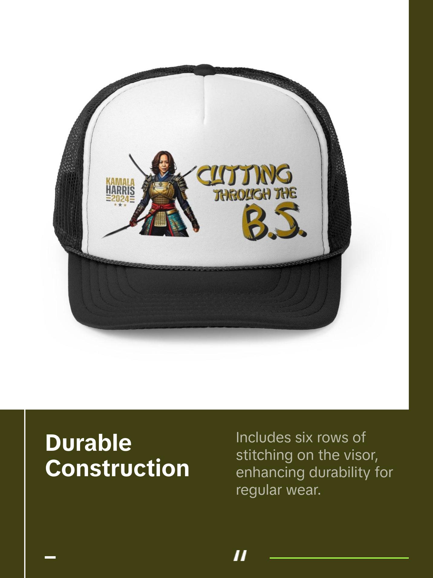 Kamala Harris "Cutting Through the B.S." Samurai Trucker Hat - Bold Political Statement Cap