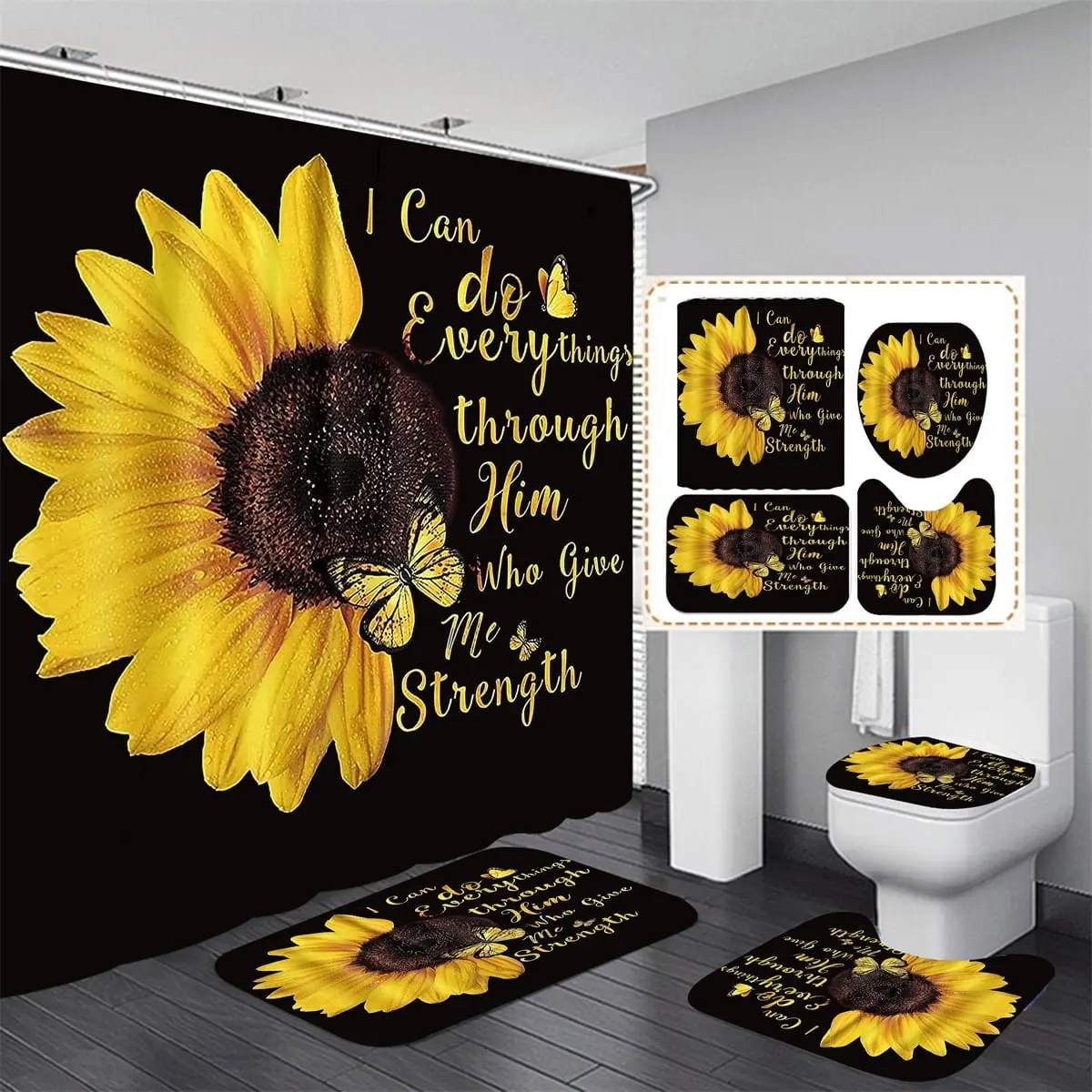 4 Pcs Bathroom Shower Curtain Set Sunflower Shower Curtain Bathroom Sets Valentine's Day Shower Curtain Sets with Rugs(Bath Mat,U Shape and Toilet Lid Cover Mat) and 12 Hooks
