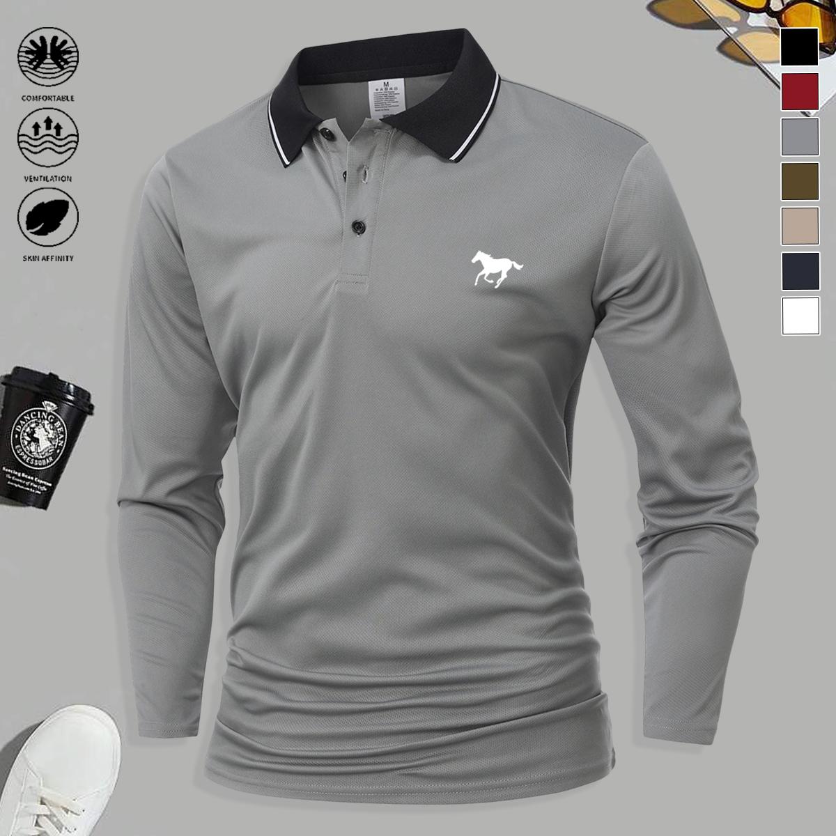 5PCS Men’s Polo Collar Long Sleeve Top, stylish, simple, multifunctional, fashionable print design, available in multiple colors, sporty casual, soft and comfortable