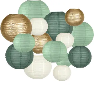Paper Lanterns Decorative, Round Hanging Paper Lanterns Decorations for Rustic Party Bridal Shower Wedding Sage Green Birthday Party Supplies Gold/Ivory/Sage Green 15pcs