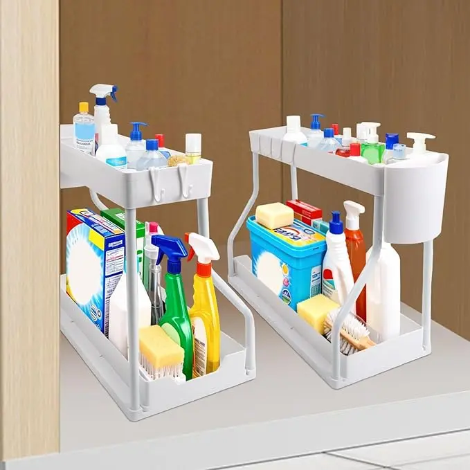 2-Tier Sliding Under-Sink Shelf, Durable Metal Frame Storage Rack with Pull-Out Boxes, Smooth Sliding Mechanism, Space-Saving Versatile Home Organizer
