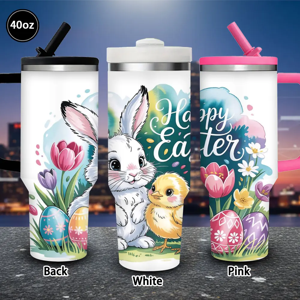 1pc 40oz (1,000-2,000 ml) Novelty Animal Easter Bunny-Chick & Colorful Eggs Vacuum Flask Tumbler with Lid & Straw, Winter Insulated Travel Cup for Adults, Birthday Gift, Ideal for Spring Festivities, Iced/Hot Coffee Use