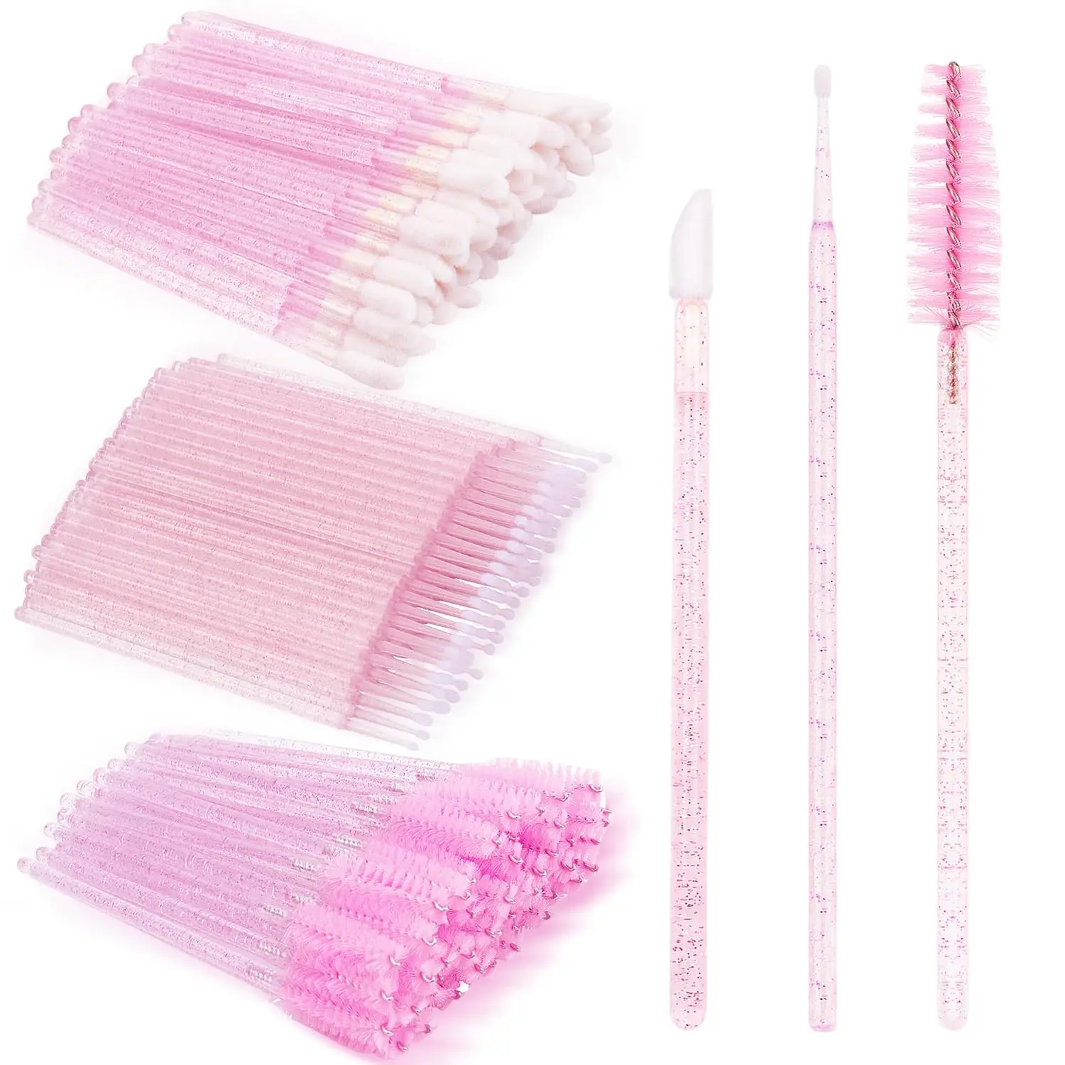 200PCS Crystal Pink Eyelash Extension & Makeup Tool Kit - Disposable Lash Spoolies, Micro Swab Brushes, Eyebrow Mascara Wands, Lip Applicator Brushes for Brow Lamination