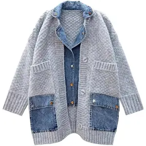 Version of Loose Denim Splicing Winter Women's Knitted Jacket Women's Fake Two-piece Versatile Cardigan