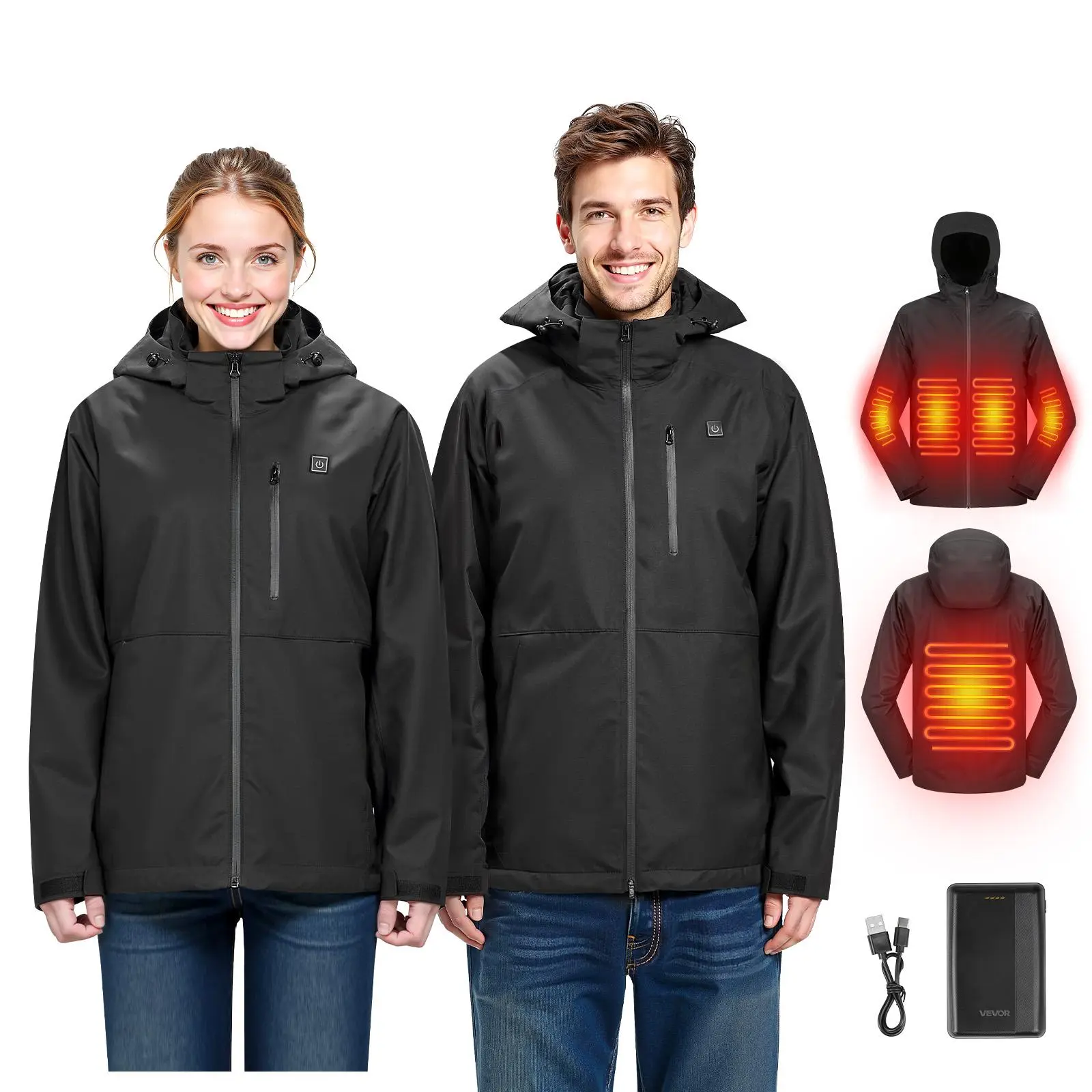 Women's Basic Long-Sleeve VEVOR Heated Soft Shell Coat - 7.4V Battery-Powered, Windproof, Waterproof, Breathable, Lightweight Outerwear with 5 Adjustable Heating Zones, Longsleeves
